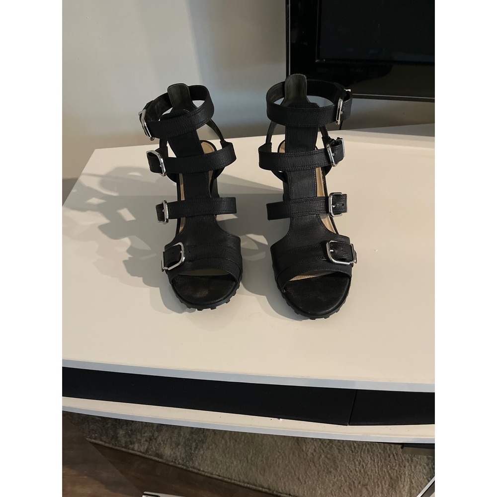 Via Spiga Black Strappy Buckle‎ Wedge Sandals Textured Gladiator Heels Size 9.5M
